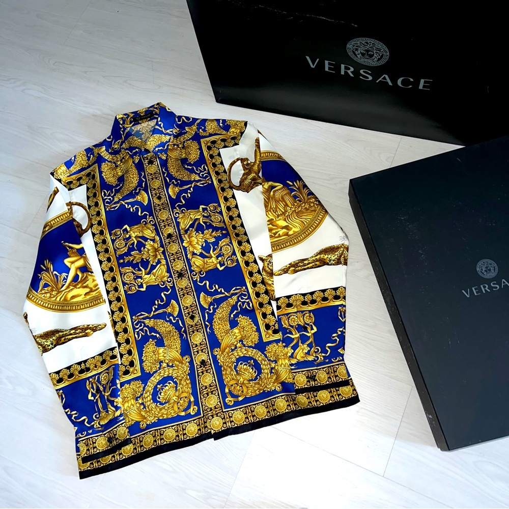 Blue White and Gold Silk Versace Shirt Size L 41